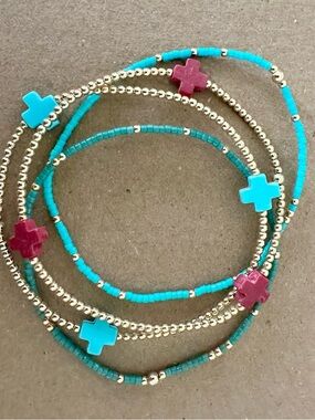 Turquoise & Ruby Cross Beaded Stretch Bracelet Set - Women Jewelry